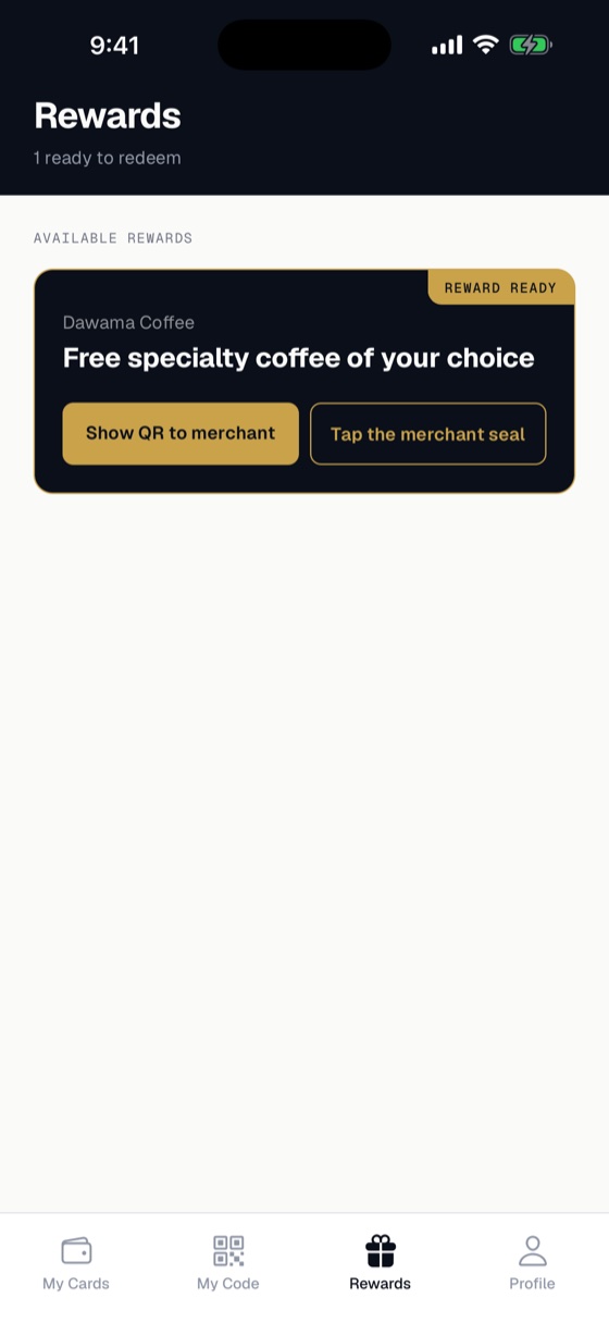 The Nuqta rewards screen with a completed card unlocked in gold.